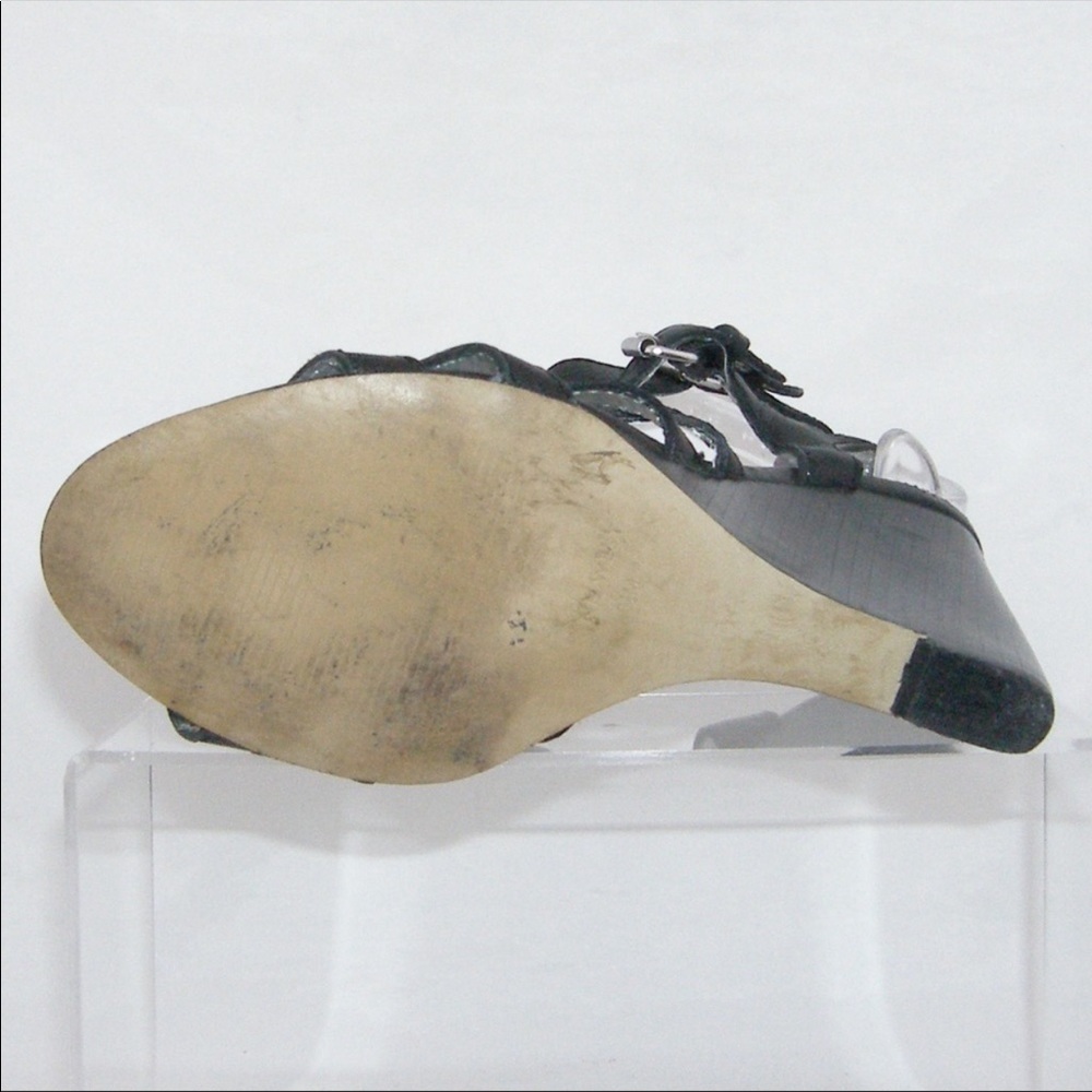 Nine West Black Leather t-strap  Wedges 6.5M - Picture 4 of 8